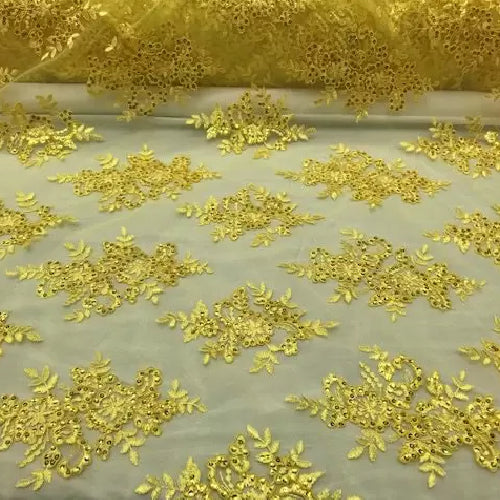 Yellow Sequin Lace Fabric With Embroideries On Mesh - Yellow Embroidery Mesh, 54" Width