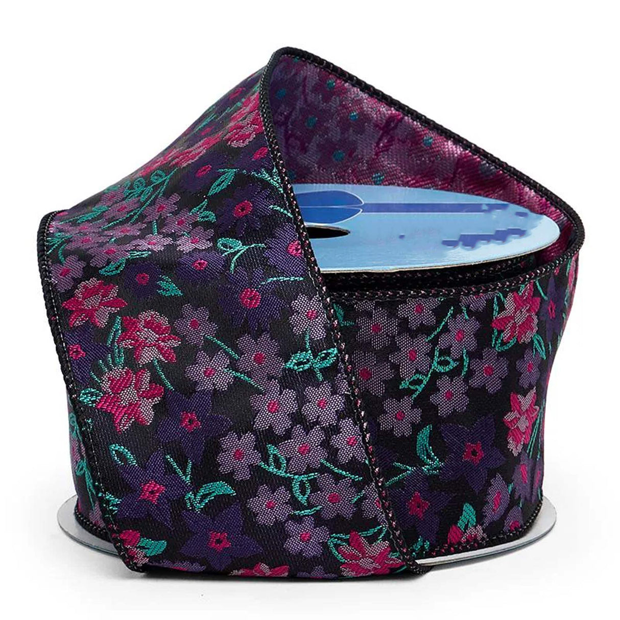 Daisy Floral Fabric Wired Ribbon 2 1/2 '' X 10 yd Purple / Black Color 1 / roll
