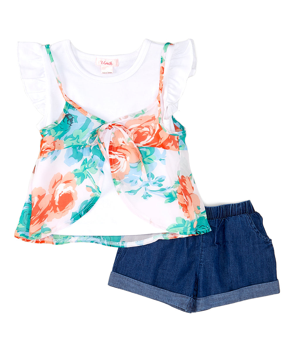 Girl Floral Chiffon Short Set - Floral Chiffon Fabric, Orange/Mint, Girls Sizes 2-7 (1 Set)
