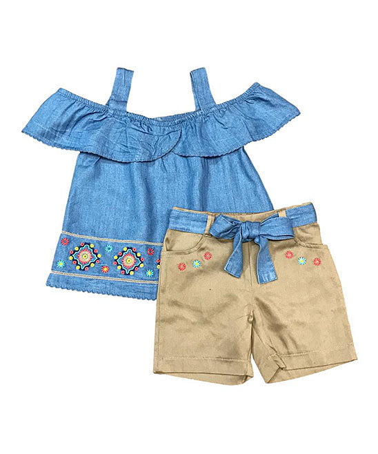 Girl Denim Embroidered Short Sets Cotton Fabric - Light Denim, Dark Denim, Embroidered, Elastic Waistband, 2-8 (1 Set)