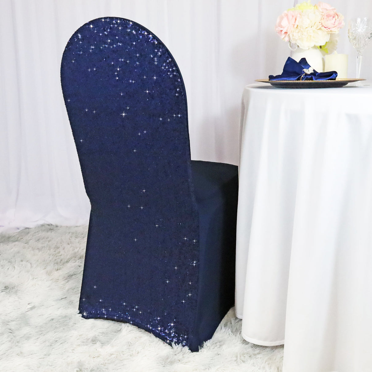 Sequin Spandex Banquet Chair Cover Navy Blue