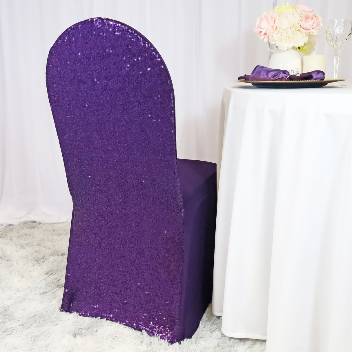 Sequin Spandex Banquet Chair Cover Eggplant