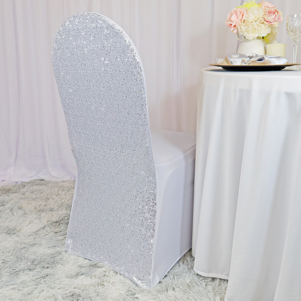 Sequin Spandex Chair Cover Platinum/Light Silver