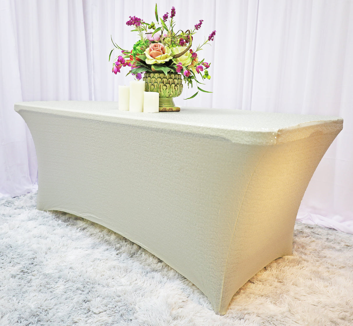Sequin Spandex Rectangular Table Cover 8 Ft Ivory