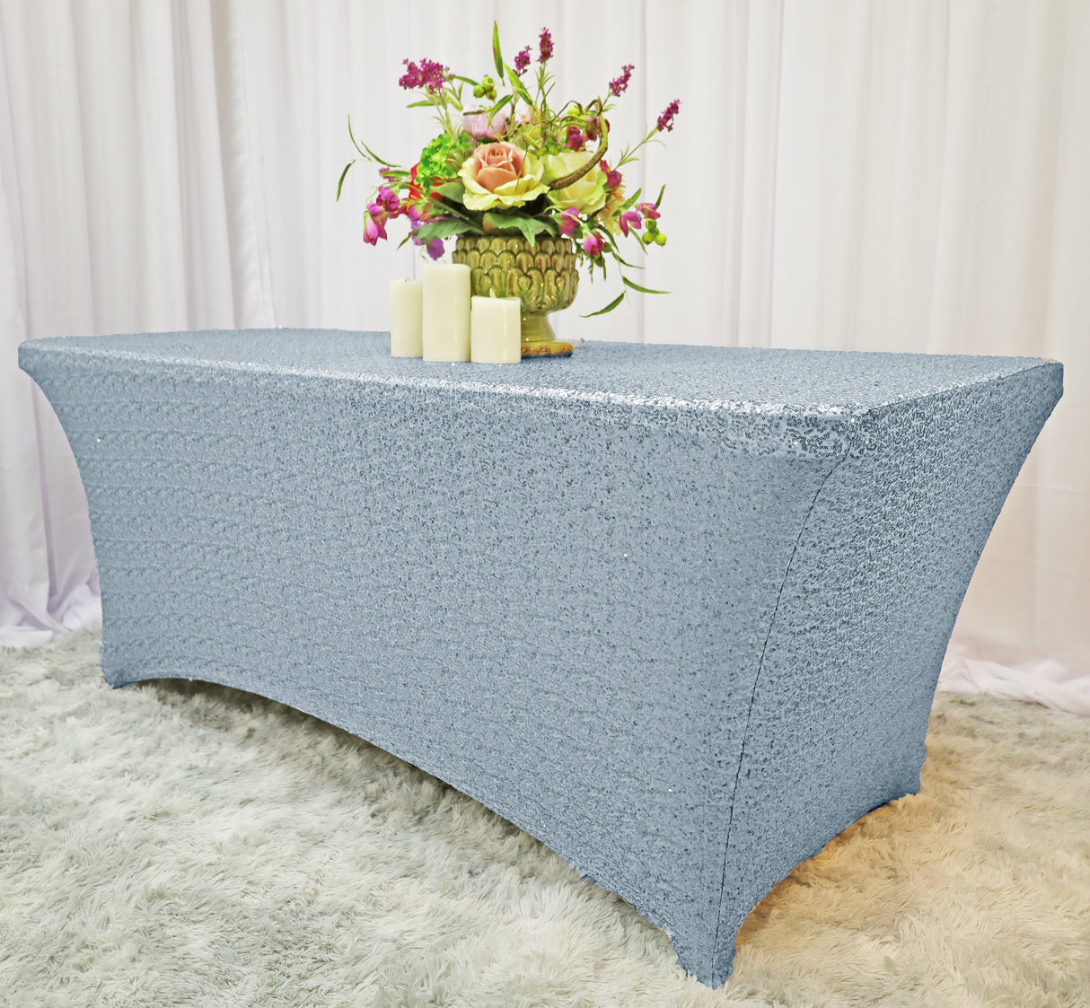 Sequin Spandex Rectangular Table Cover 6 Ft Dusty Blue