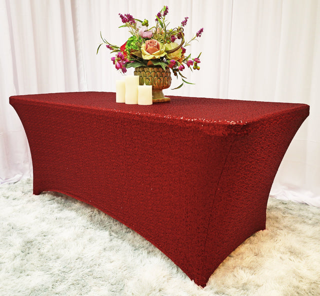 Rectangular Sequin Spandex Table Cover 8 Ft Apple Red