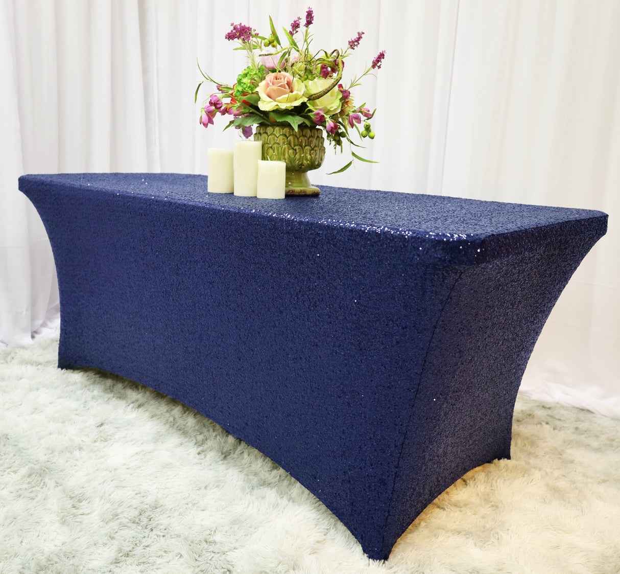 Sequin Spandex Rectangular Table Cover 8 Ft Navy Blue