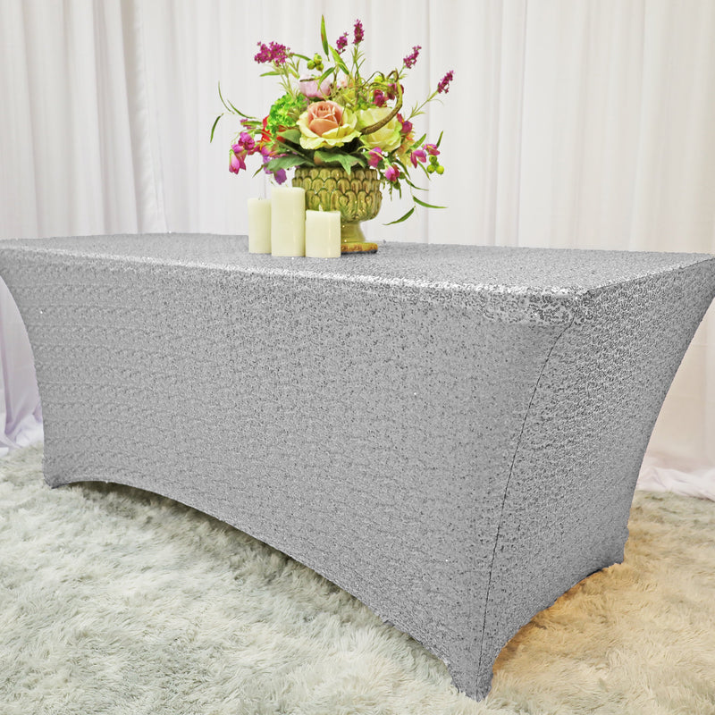 Rectangular Sequin Spandex Table Cover 6 Ft Silver
