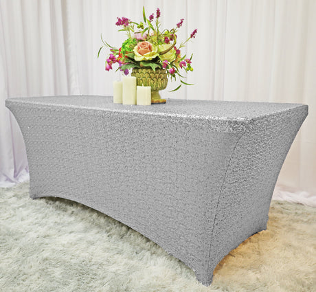 Rectangular Sequin Spandex Table Cover 6 Ft Silver