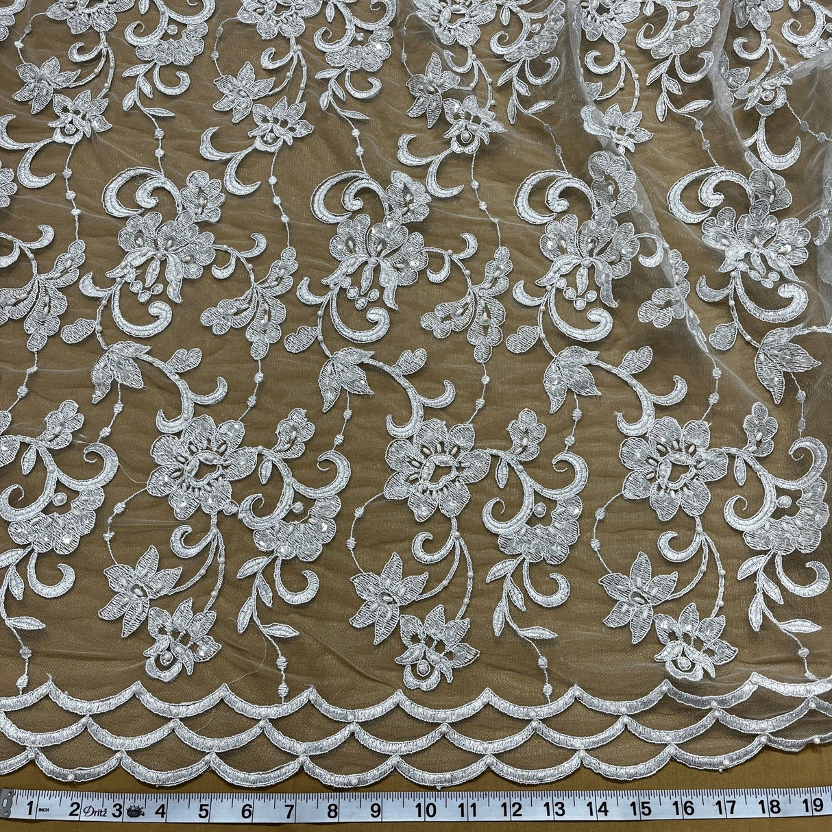 1 Yard Silver Beaded and Corded Lace Fabric Embroidered on Polyester Net Mesh for Elegant Bridal and Evening Designs – 52"