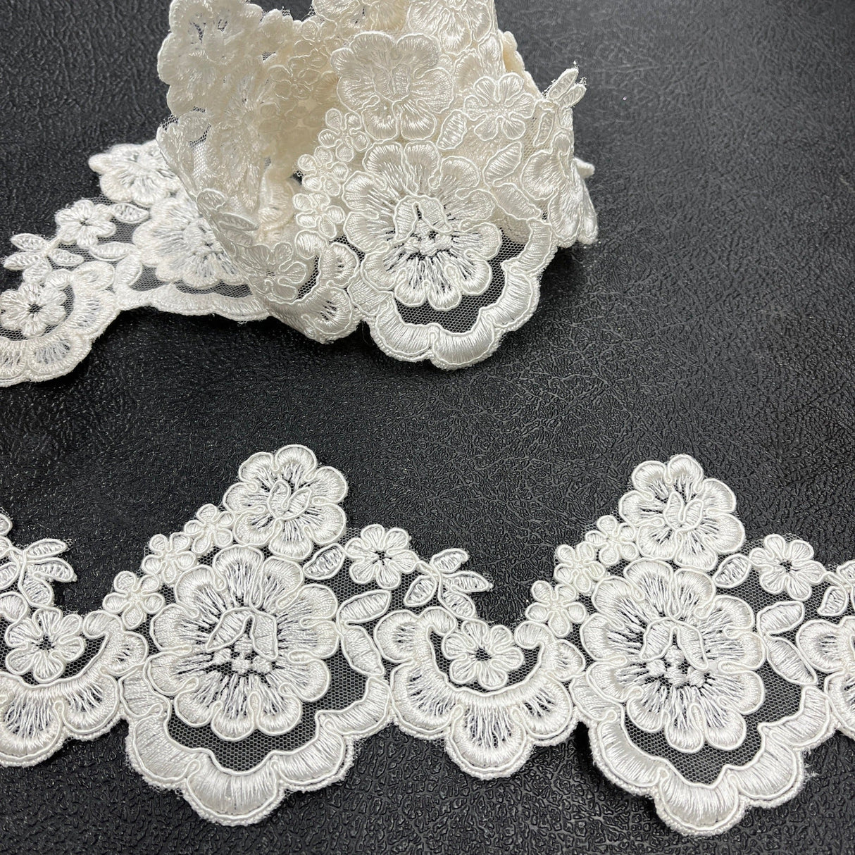 Corded Lace Trimming Embroidered On 100 Percent Polyester Net Mesh Fabric - Ivory, 4" Wide (1 Yard)