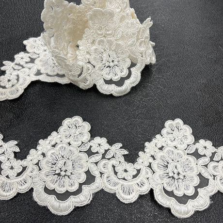 Corded Lace Trimming Embroidered On 100 Percent Polyester Net Mesh Fabric - Ivory, 4" Wide (1 Yard)