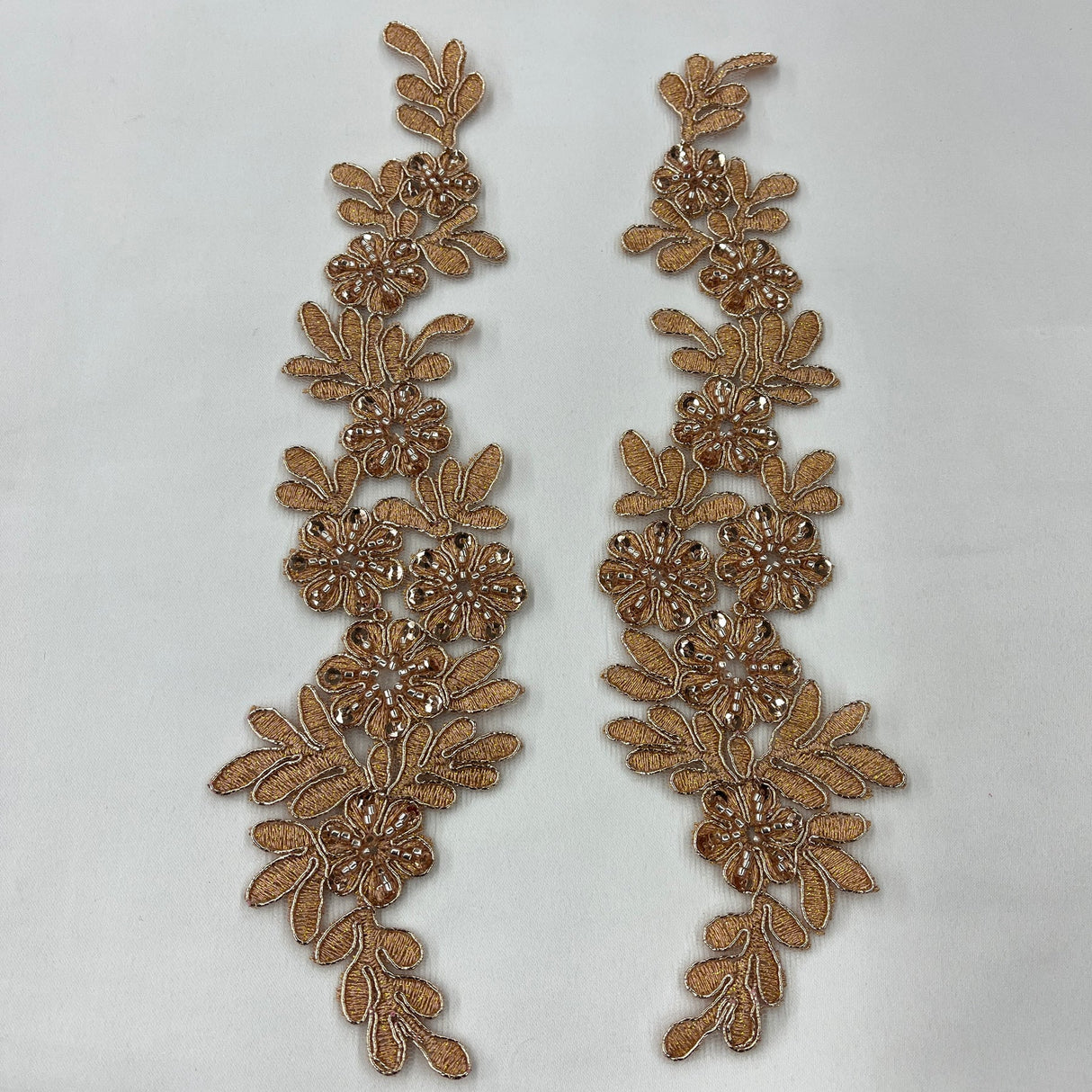 1 Pair 9.5" x 2" Each Side Beaded & Corded Floral Lace Applique Embroidered on 100% Polyester Net Mesh