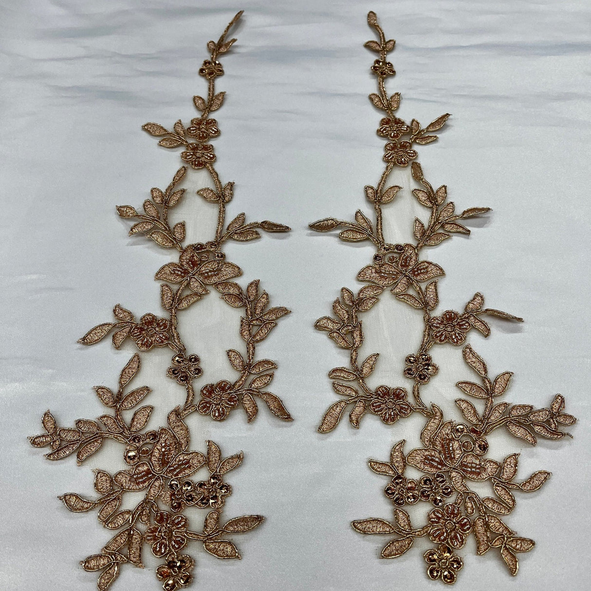 1 Pair 17" x 4.5" Beaded & Corded Floral Lace Applique 100% Polyester Net Mesh