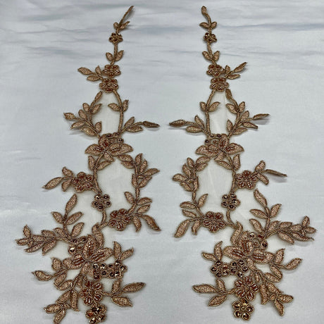 1 Pair 17" x 4.5" Beaded & Corded Floral Lace Applique 100% Polyester Net Mesh