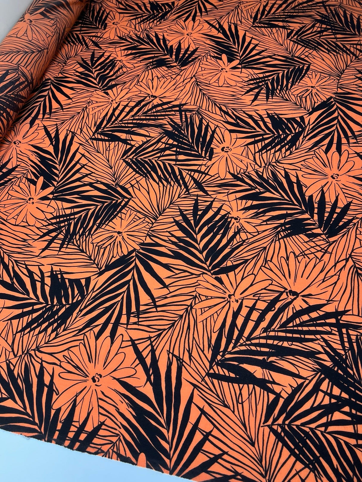 Wool Floral Printed Fabric Orange Black