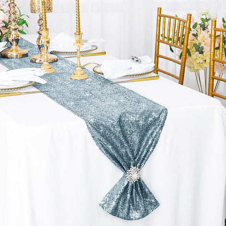 Sequin Taffeta Table Runner 12x108 Dusty Blue