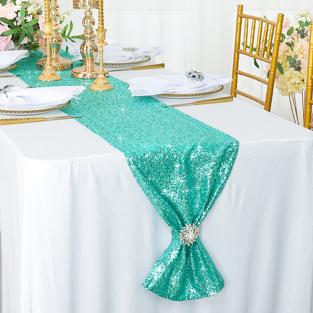 Sequin Taffeta Table Runner 12x108 Tiff Blue/Aqua Blue