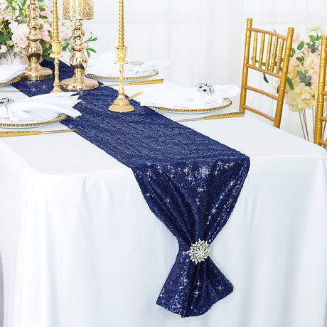 Sequin Taffeta Table Runner 12x108 Navy Blue