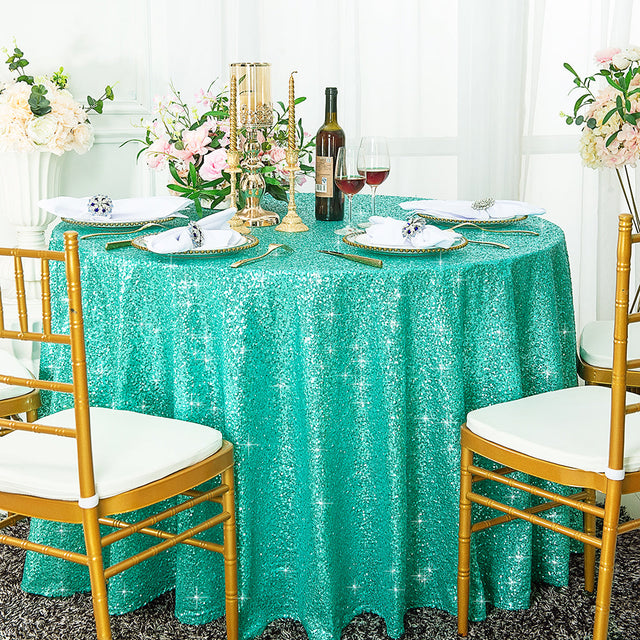 Round Sequin Taffeta Tablecloth 120" Tiff Blue/Aqua Blue