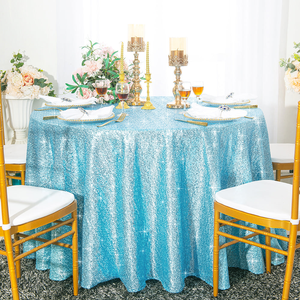 Round Sequin Taffeta Tablecloth 132" Baby Blue