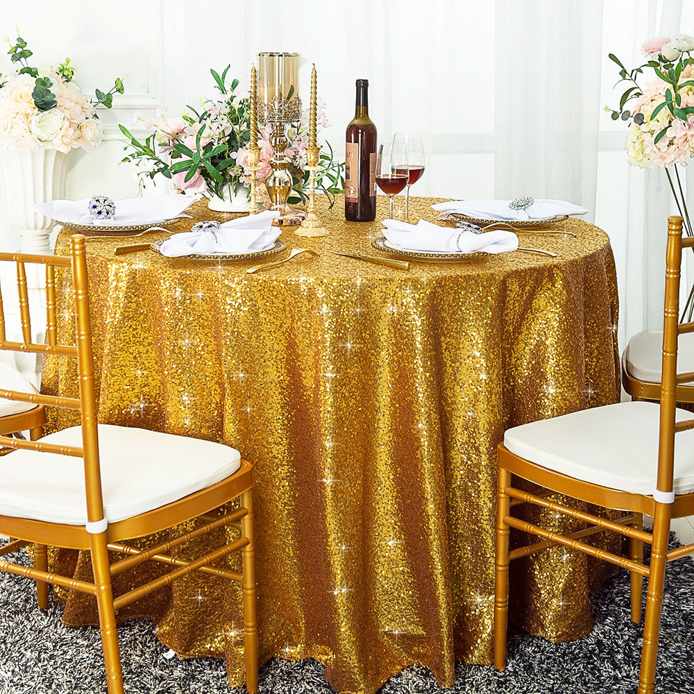Round Sequin Taffeta Tablecloth 120" Gold
