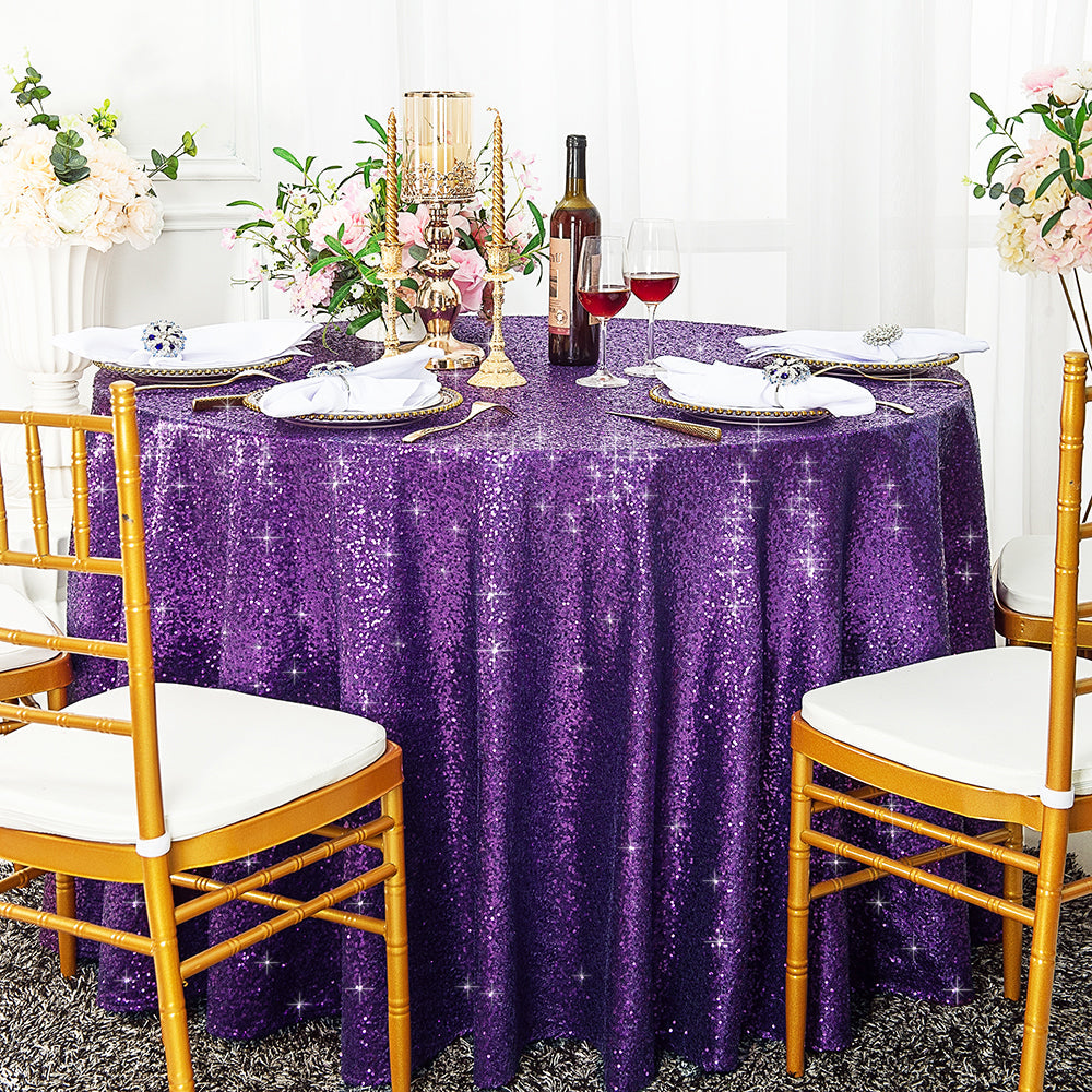 Round Sequin Taffeta Tablecloth 120" Eggplant