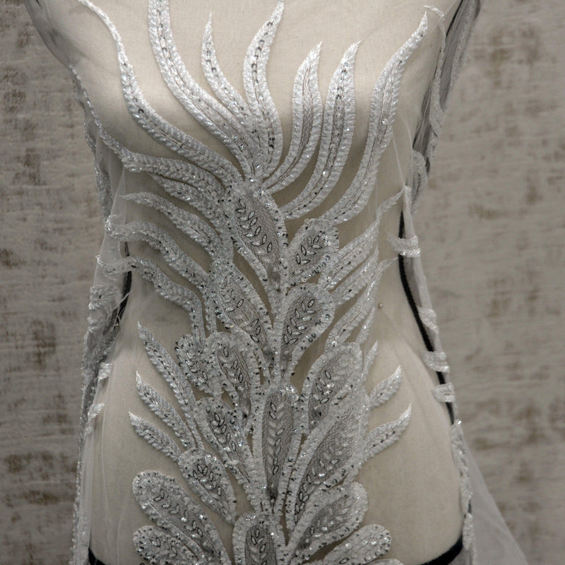 E15170 Polyester Lace Fabric - White Beaded Bridal Embroidery, 50/51" Width (3 Vertical Panels Approx 32-35")
