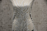 E15170 Polyester Lace Fabric - White Beaded Bridal Embroidery, 50/51" Width (3 Vertical Panels Approx 32-35")