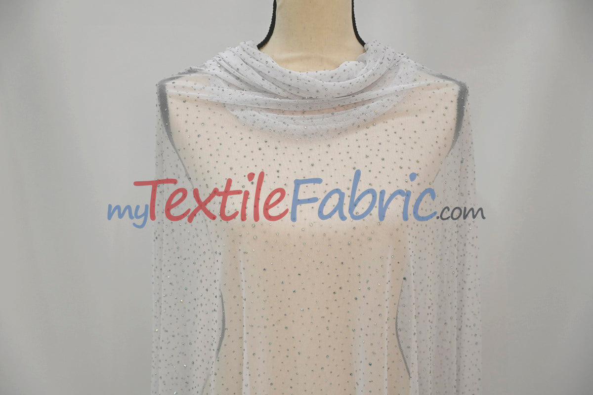 Rhinestone Stretch Power Mesh Fabric - Iridescent AB Crystal Embellished, 58" Width (1 Yard)
