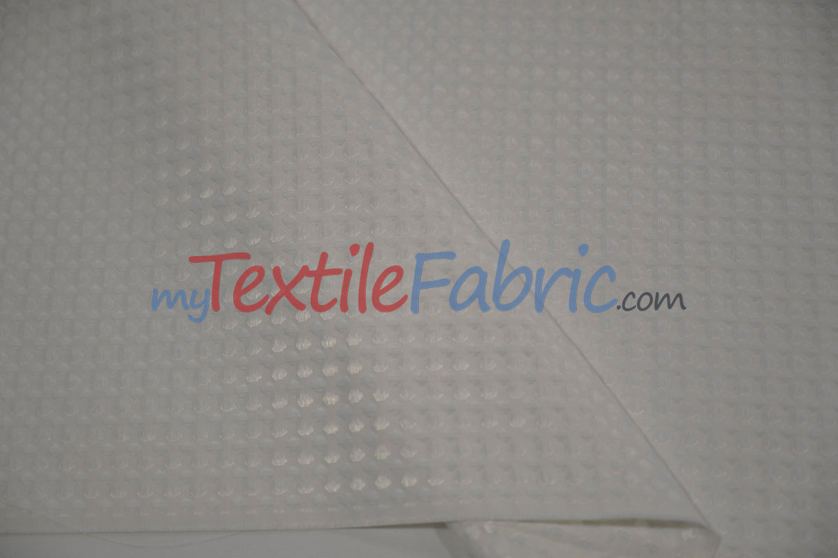 Waffle Brocade Polyester Fabric - Textured Waffle Grid, 60" Width, White, Ivory, Champagne, Black (1 Yard)
