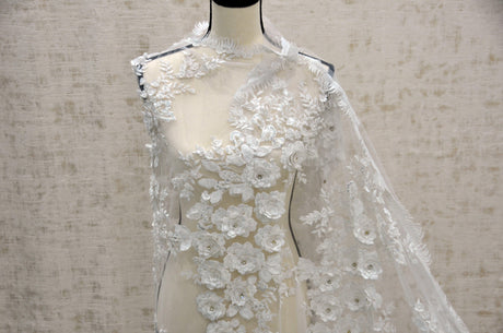 EA2581 Polyester Lace Fabric - Off White Floral Embroidery, Sequins Embellishments, 50/51" Width (Yards)