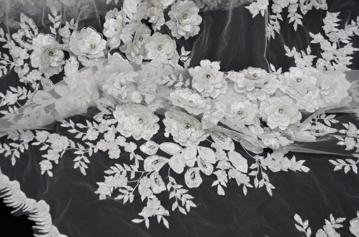 EA2581 Polyester Lace Fabric - Off White Floral Embroidery, Sequins Embellishments, 50/51" Width (Yards)