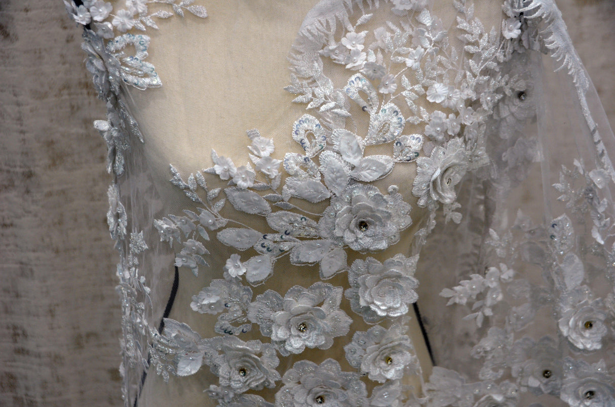 EA2581 Polyester Lace Fabric - Off White Floral Embroidery, Sequins Embellishments, 50/51" Width (Yards)