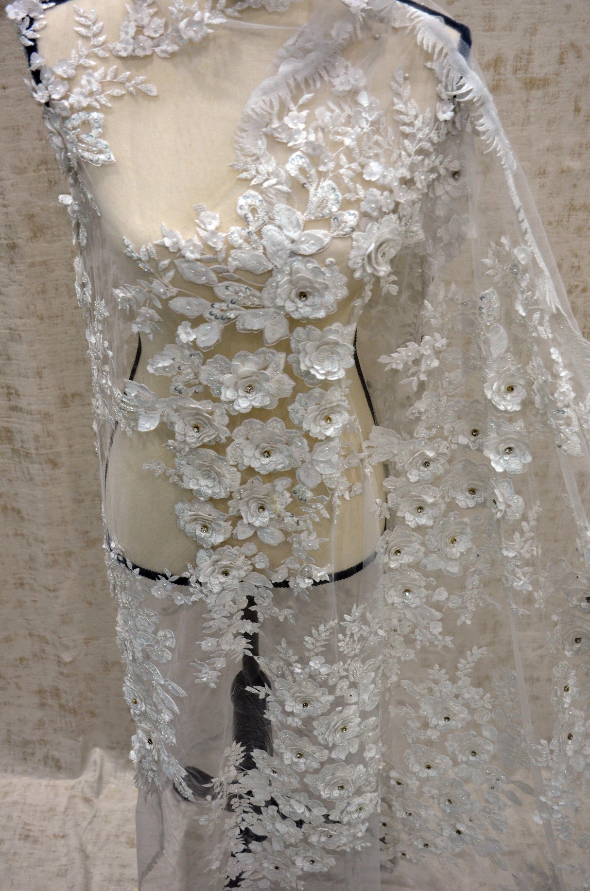 EA2581 Polyester Lace Fabric - Off White Floral Embroidery, Sequins Embellishments, 50/51" Width (Yards)
