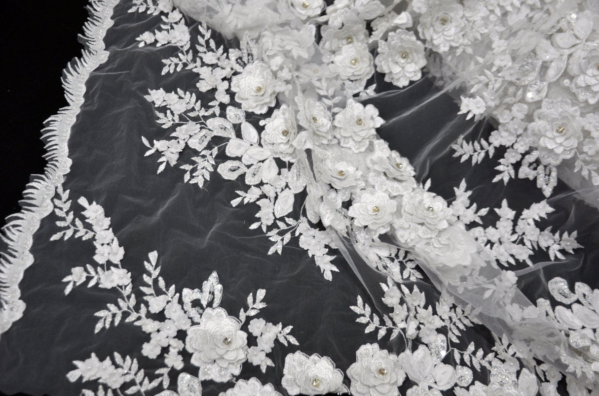 EA2581 Polyester Lace Fabric - Off White Floral Embroidery, Sequins Embellishments, 50/51" Width (Yards)