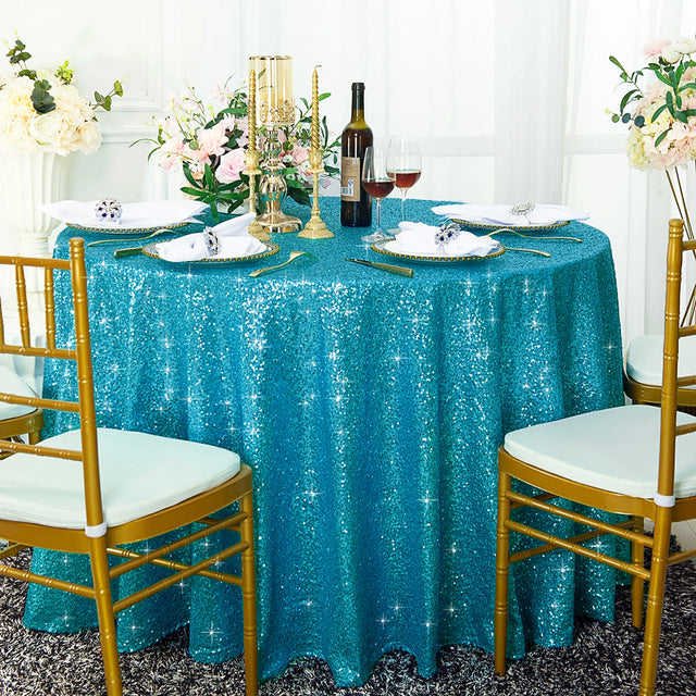 Round Sequin Taffeta Tablecloth 108" Turquoise