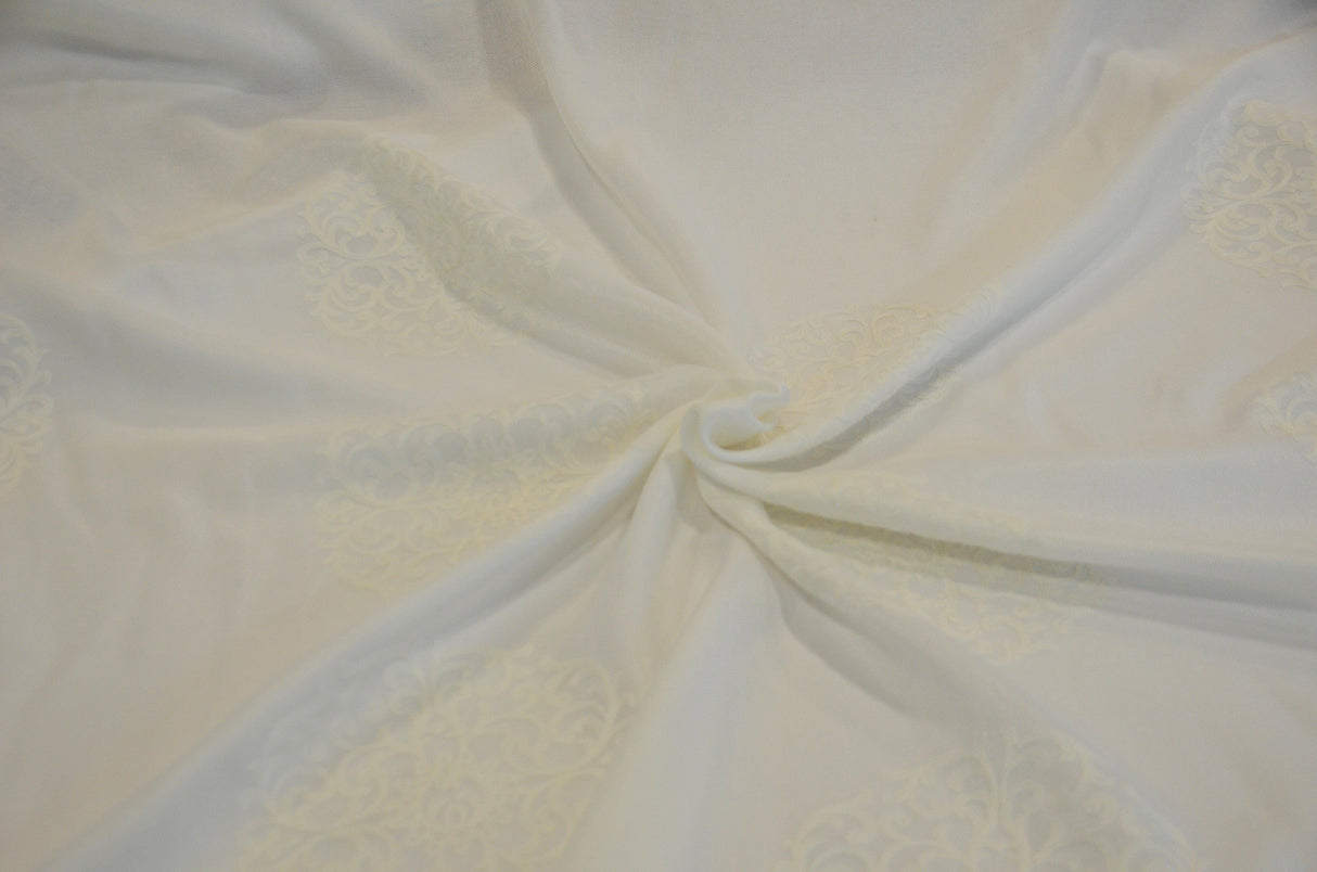 Embossed Faux Linen Embroidery Fabric - Off White And Light Silver, 58" Width (Yards)