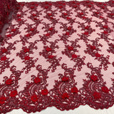 1 Yard Sage 3D Beaded Floral Embroidered Lace Fabric on Polyester Mesh, 52” Wide