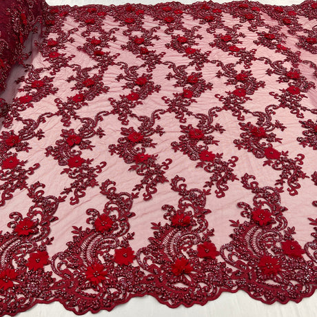 1 Yard Sage 3D Beaded Floral Embroidered Lace Fabric on Polyester Mesh, 52” Wide