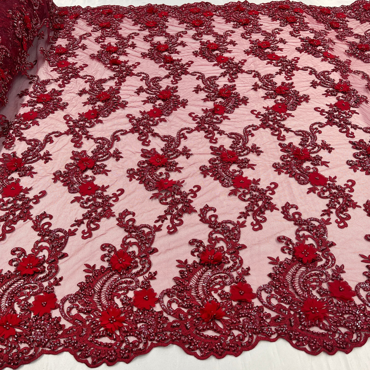 Beaded Floral Lace Fabric 3D Embroidered Net Mesh 52" Wide