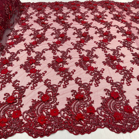 3D Beaded Floral Lace Fabric - Embroidered 100 Percent Polyester Net Mesh, 3D Floral, Beaded, Mirrored Symmetrical Scallops, 52" Wide (1 Yard)