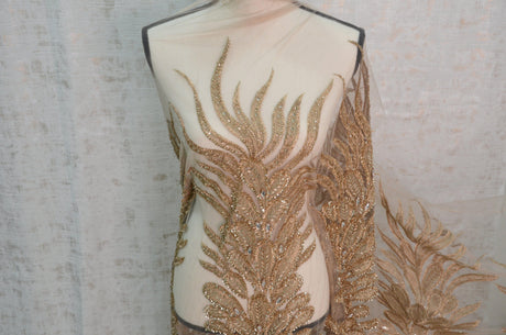 E15170 Polyester Lace Fabric - Skin Beaded Vertical Embroidery, 50/51" Width (3 Vertical Panels Approx 32-35")