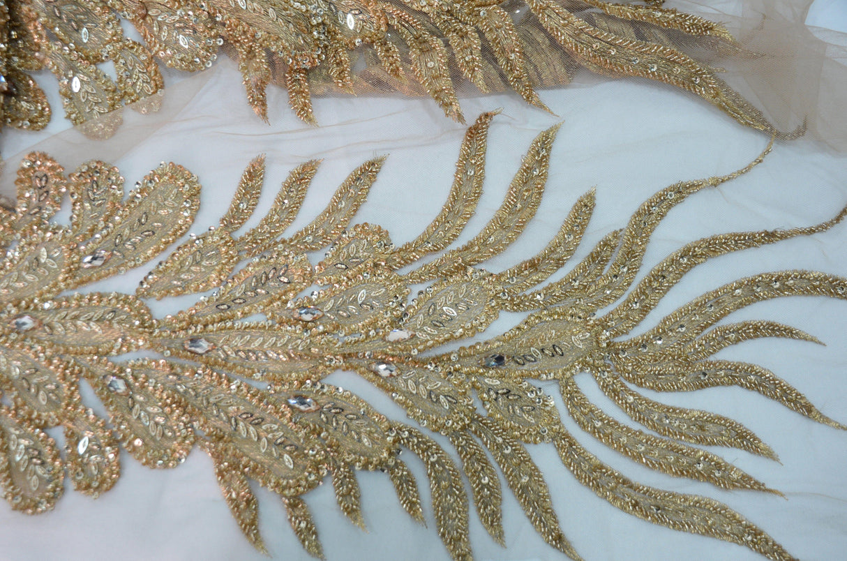 E15170 Polyester Lace Fabric - Skin Beaded Vertical Embroidery, 50/51" Width (3 Vertical Panels Approx 32-35")