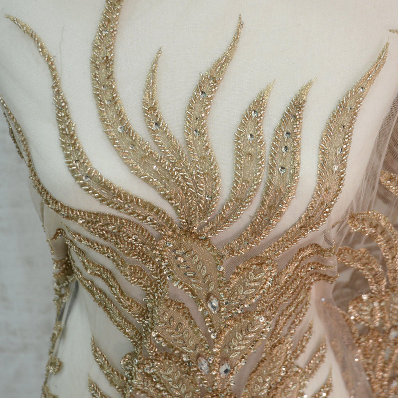 E15170 Polyester Lace Fabric - Skin Beaded Vertical Embroidery, 50/51" Width (3 Vertical Panels Approx 32-35")