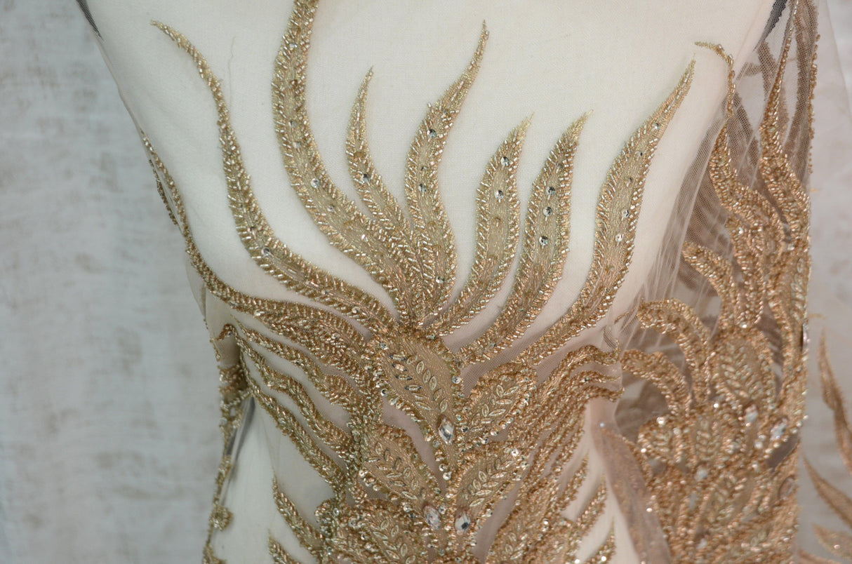 E15170 Polyester Lace Fabric - Skin Beaded Vertical Embroidery, 50/51" Width (3 Vertical Panels Approx 32-35")