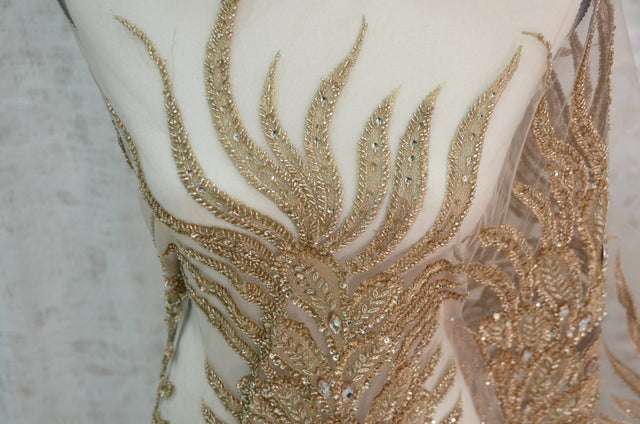 E15170 Polyester Lace Fabric - Skin Beaded Vertical Embroidery, 50/51" Width (3 Vertical Panels Approx 32-35")