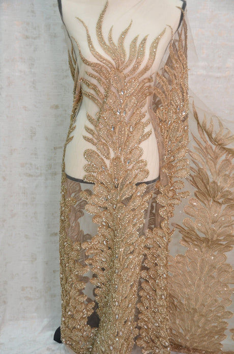 E15170 Polyester Lace Fabric - Skin Beaded Vertical Embroidery, 50/51" Width (3 Vertical Panels Approx 32-35")