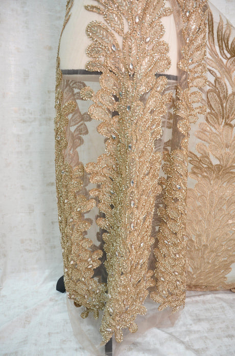 E15170 Polyester Lace Fabric - Skin Beaded Vertical Embroidery, 50/51" Width (3 Vertical Panels Approx 32-35")