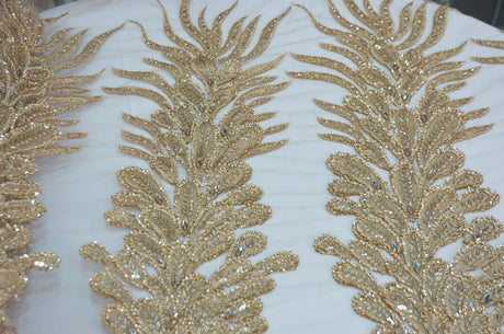 E15170 Polyester Lace Fabric - Skin Beaded Vertical Embroidery, 50/51" Width (3 Vertical Panels Approx 32-35")